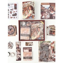 Kağıt Gemi Dükkan Vintage Coffee Time Kahve Temalı 147 Parça Dopdolu Journal Scrapbook Seti/defter/sticker/washi Bant