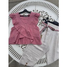 Moda Rüyası Kız Çocuk Üst Müslin Alt Keten Kemerli Takım