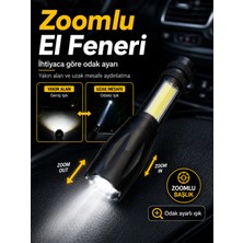 USB Şarjlı Araç Içi El Feneri - Cob Yan Işıklı - Araç Torpido Feneri - Zoom Özellikli - Mini Kompakt 14CM - Taşım