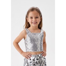 Le Mabelle Gümüş  Kare Yakalı Pullu Kız Çocuk Kolsuz Crop Bluz - Cintia