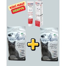 HAPPY4PETS Topaklaşan Kedi Kumu 2 x 10 Lt Kokusuz Ince Taneli Aktif Karbon Kiki 50 G Malt Hediye