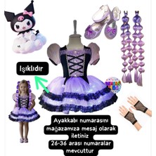 3b Kids Kuromi Işıklı Elbise Kostüm Abiye Bubble Saç Eldiven Kuromi Mor Topuklu Ayakkabı Seti Düğün Davet