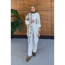 Miss Allos Kadın Tül Çiçek Işlemeli Yarasa Kol Keten Takım