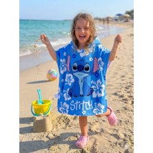 Cg Kids Stitch Karakter Baskılı Kapüşonlu Çocuk Panço Plaj ve Havuz Havlusu - Mavi