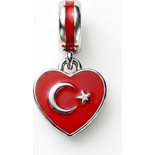 Celikchi Türk Bayrağı Model Kalp Detay Gümüş Charm