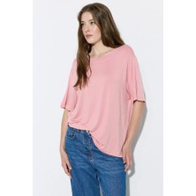 Gusto Bisiklet Yaka Rahat Kesim Bambu Tshirt - Pembe