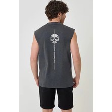 Rock&Roll Çizgide Kurukafa Arka Baskılı Kesik Kol / Kolsuz Antrasit Oversize T-Shirt