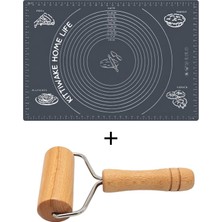 Kittiwake Home Life 2’li Gri Silikon Hamur Açma Matı 45X65 cm ve Ahşap Saplı Silindir Hamur Açıcı 19 cm