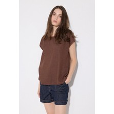 Gusto Önü Keten Tshirt - Kahverengi