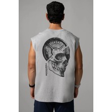 Rock&Roll Disk Kafa Arka Baskılı Kesik Kol / Kolsuz Gri Oversize T-Shirt