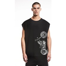 Rock&Roll Dikey Motosiklet Kesik Kol / Kolsuz Siyah Oversize T-Shirt