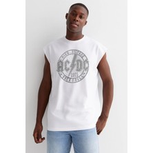 Rock&Roll Dairede Acdc Kesik Kol / Kolsuz Beyaz Oversize T-Shirt