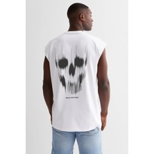 Rock&Roll Matriks Kurukafa Arka Baskılı Kesik Kol / Kolsuz Beyaz Oversize T-Shirt