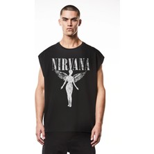Rock&Roll Melek Nirvana Kesik Kol / Kolsuz Siyah Oversize T-Shirt