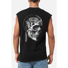 Rock&Roll Disk Kafa Arka Baskılı Kesik Kol / Kolsuz Siyah Oversize T-Shirt