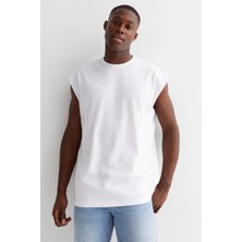 Rock&Roll Düz Kesik Kol / Kolsuz Beyaz Oversize T-Shirt