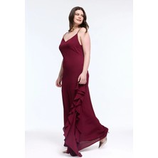 Love My Body Volan Detaylı Askılı Uzun Elbise Bordo 124LO073000