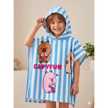 Cg Kids  Capybara Karakter Baskılı Çizgili Kapüşonlu Erkek / Kız Çocuk Panço Plaj ve Havuz Havlusu - Mavi Beyaz