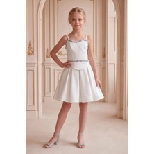 Butik Happy Kids Kız Çocuk Krem Krep Kumaş Pul Işlemeli Askılı Kalp Yaka Abiye Elbise  Elbise  10-15 Yaş