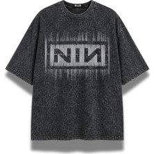 Fuddy Moda Unisex Nine Inch Nails Nın Baskılı Yıkamalı Tişört, Oversize Rock Band Temalı Vintage Tshirt