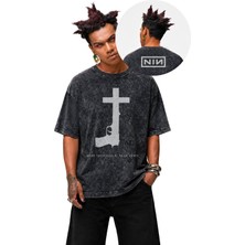 Fuddy Moda Unisex Nine Inch Nails Layer Zero Ense Baskılı Yıkamalı Tişört,oversize Rock Band Nın Temalı Tshirt