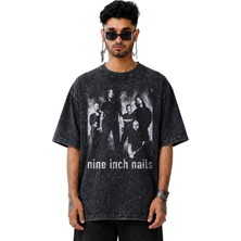 Fuddy Moda Unisex Nın Nine Inch Nails Members Baskılı Yıkamalı Tişört, Oversize Rock Band Temalı Retro Tshirt