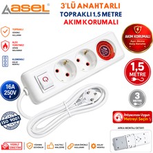 Asel 3'lü Anahtarlı Akım Korumalı Topraklı Grup Priz Uzatma Kablosu 1,5 Metre