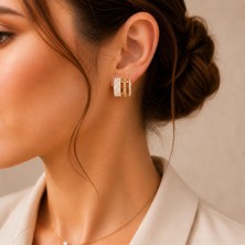 Sevil Gülgün Atelier Xuping Chic 14K Altın Kaplama Minimal Çelik Inci ve Zirkon Sıralı Taş Kadın Küpe