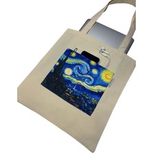 Atölye Smyrna Cepli Bez Çanta, Plaj Çantası, Yüzde Yüz Pamuk Kalın Ribs Kumaş ( Yıldızlı Gece , Van Gogh )