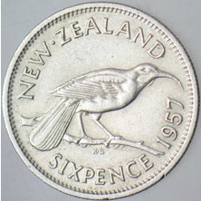 Banknoting Yeni Zelanda 6 Pence 1957 Kraliçe Iı. Elizabeth 19,3 Mm.