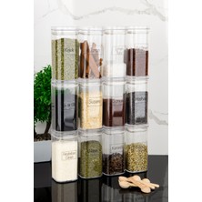 Dolkin Home 12'li Kaşıklı Şeffaf Baharat Etiketli 300 ml Vakum Sızdırmaz Kapaklı Mika Baharatlık Seti