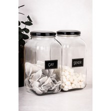 Dolkin Home 2'li 3 Litre Kavanoz Seti Çay Şeker Etiketli 3000 ml Metal Kapaklı Cam Kavanoz Seti