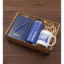 vegahediye v vega Kişiye Özel Geometrik Termos & Defter & Touchpen Kalem & #1 Dad Tasarımlı Kupa Bardak Babalar Günü Hediye Seti Mavi