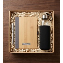 vegahediye v vega Kişiye Özel Isim Baskılı Bambu Defter & Isme Özel Gümüş Renk Roller Kalem & Siyah Kılıflı 500 ml Cam Matara Hediye Seti