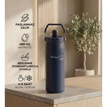 vegahediye v vega Kişiye Özel Pipetli ve Kulplu Paslanmaz Çelik Termos - 480 ml Mug Lacivert