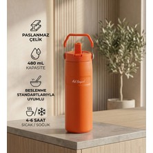 vegahediye v vega Kişiye Özel Pipetli ve Kulplu Paslanmaz Çelik Termos - 480 ml Mug Turuncu