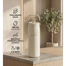 vegahediye v vega Kişiye Özel Pipetli ve Kulplu Paslanmaz Çelik Termos - 480 ml Mug Krem