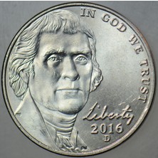 Banknoting Amerika 5 Cent 2016 D. Jefferson Nıckel. Çilaltı+