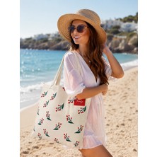 Faralya Life 42*38CM 30 cm Sap Uzunluğunda Kadın Çanta %70 Pamuk %30 Polyester Plaj Çantası Çiçekli Kullanışlı Omuz Çantası