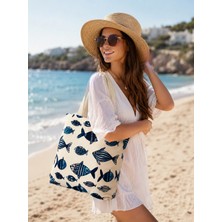 Faralya Life 42*38CM 30 cm Sap Uzunluğunda Kadın Çanta %70 Pamuk %30 Polyester Plaj Çantası Balık Baskılı Zarif Omuz Çantası