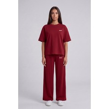Backlain Mod Style Unisex Oversize 2’li Takım Tişört Pantolon Bordo Rengi %100 Pamuk Rahat Kalıp
