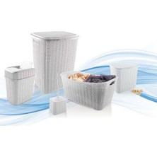 5 Parça Örgü Desenli Plastik Banyo Seti Çamaşır Sepeti Deterjanlık Çöp Kovası Klozet Fırçası - Gri