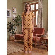 Sleeproom Yazlık Düğmeli Büyük Kalp Desen Turuncu Kısa Kol Pijama Takımı
