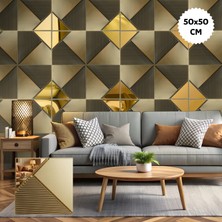 Bella Carpeti 3D Kabartmalı Aynalı Kendinden Yapışkanlı Pvc Duvar Kağıdı Paneli Premium Model Gold Renk 1 Adet 50X50CM