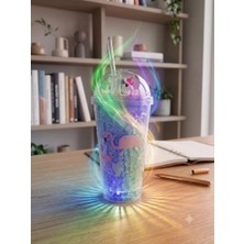 Homestead Işıklı Unicorn ve Flamingo Desenli Çift Katmanlı Jel Buzlu Pipetli Bardak - 450ML - Renk Değiştiren LED Tabanlı