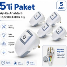 Ay-Ka Anahtarlı Topraklı Işıklı Kolay Montaj Erkek Fiş (5 Adet)