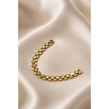 Balenbi Jewelry Kadın Taşlı Geçişli Dikdörtgen Bakla Zincir Kararmaz Çelik Bileklik 14K Gold 1147