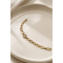 Balenbi Jewelry Kadın Taşlı Altıgen Detaylı Zincir Kararmaz Çelik Bileklik 14K Gold 1150