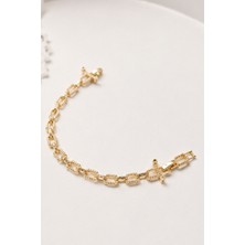 Balenbi Jewelry Kadın Taşlı Dikdörtgen Halkalı Kararmaz Çelik Zincir Bileklik 14K Gold 1141