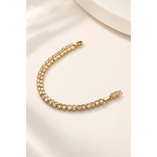 Balenbi Jewelry Kadın Yuvarlak Taşlı Tenis Model Kararmaz Çelik Bileklik 14K Gold Renk 1138